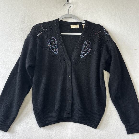 Vintage Robinsons Petite Large Black Sequin Cardigan Silk Angora Lambswool - Picture 2 of 12